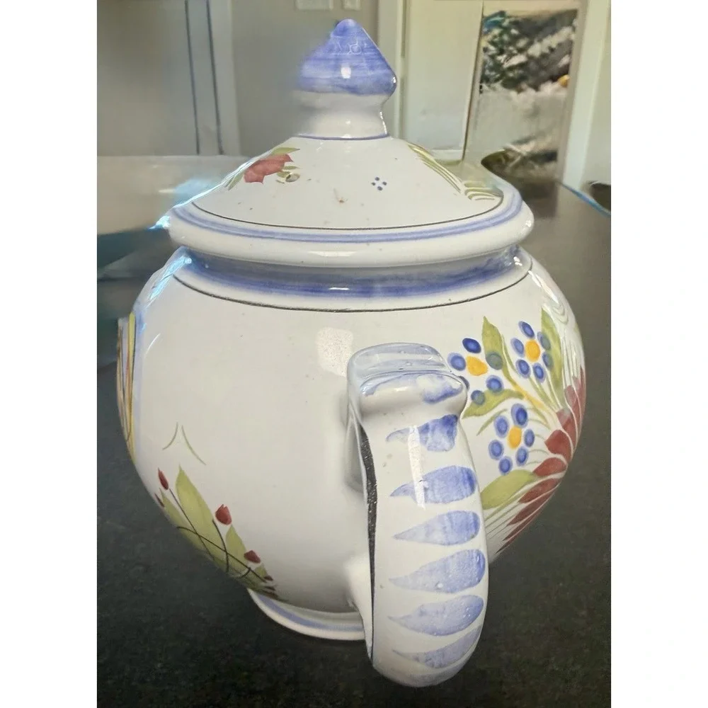 Henriot Quimper France Hand Painted Rooster Floral Large Teapot C2000 Vtg Unused